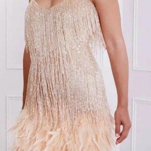 Gold Fringe Feather Mini Dress - S
